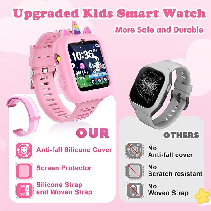 Smart Watch for Kids Girls Gift Age 3-12 with 39 Games Alarm Clock Camera Video Music Player Pedometer Flashlight 12/24 hr HD Touch Screen Kids Smart Watch Birthday Toys for Girls Ages 4 5 6 7 8 9 10