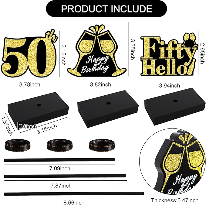 50th Black Gold Glitter Centerpieces for 50th Birthday Table Decorations,Wood Signs Happy Fifty Years Old B-Day Table Topper for Men and Women Birthday Party Supplies (3 Pcs)