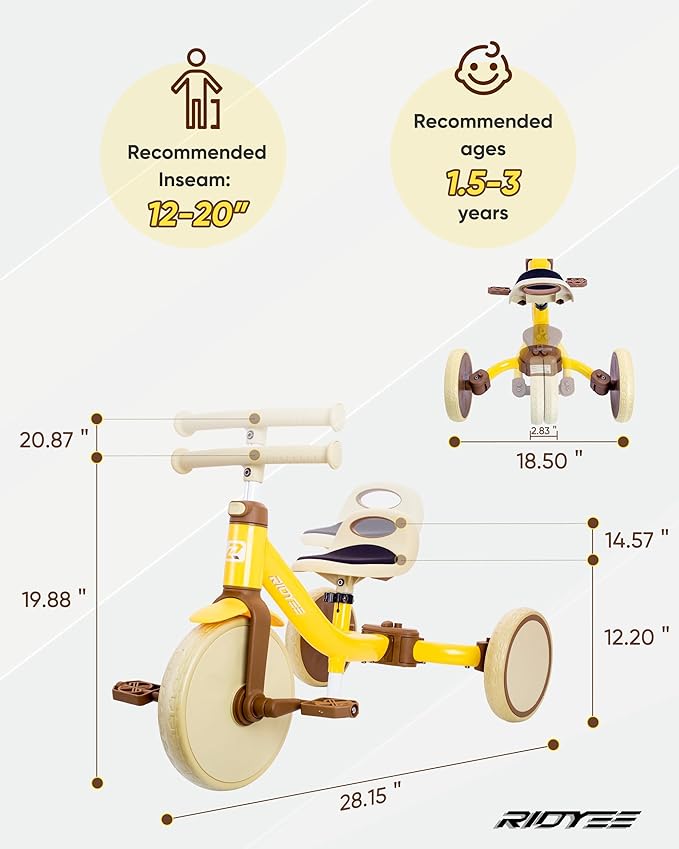 4-in-1 Toddler Tricycle for Ages 18 Months to 3 Years, Tool-Free Mode Switch, Tricycle for Toddlers 1.5-3 with One-Click Height Adjustment, Kids Trike and Balance Bike for 2 Years, Yellow