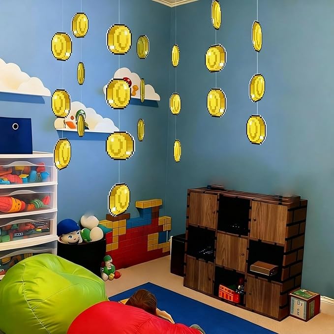 Epakh 24 Pcs Super Themed Party Decorations Hanging Birthday Party Decoration Gold Video Game Theme Ornaments Banners for Baby Shower Favors Super Game Room Home Supplies(Coin)