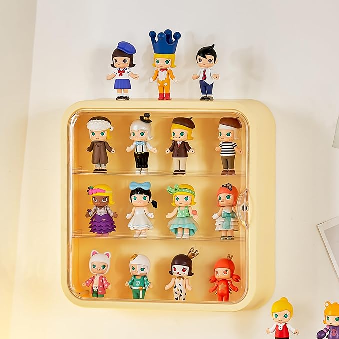 Clear Display Case for Figures, Wall Mounted Acrylic Storage Box, Dust Proof Display Cabinet Organizer for Mini Pop Mart Action Figures Collectibles (Yellow)