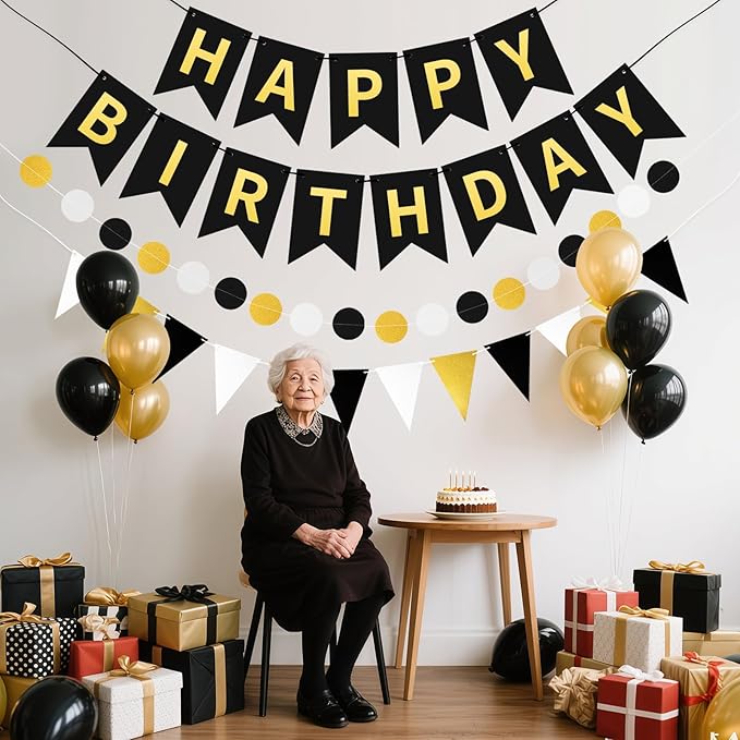 Black Gold Happy Birthday Banner, Happy Birthday Decorations Hanging Birthday Sign Circle Dot Triangle Bunting for Women Men Girl Boy Party Supplies