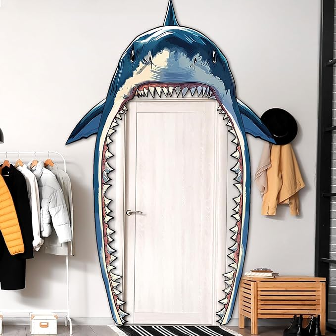 Shark Party Porch Banner Sea Shark Themed Party Door Decoration Shark Door Banner Hanging Supplies Sea Animal Photo Backdrop for Ocean Birthday Photo Booth Prop Door Covering Wrap Supplies