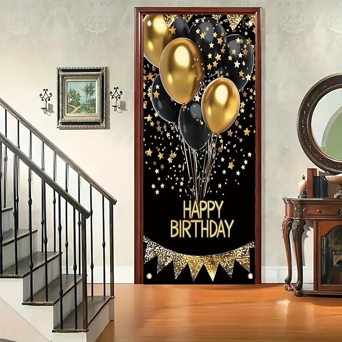 Happy Birthday Door Banner Decorations - Black and Gold Birthday Door Cover for Men Women, 35" x 71" Vertical Front Door Hanging Sign, Reusable Party Supplies for 18th 21st 30th 40th 50th 60th