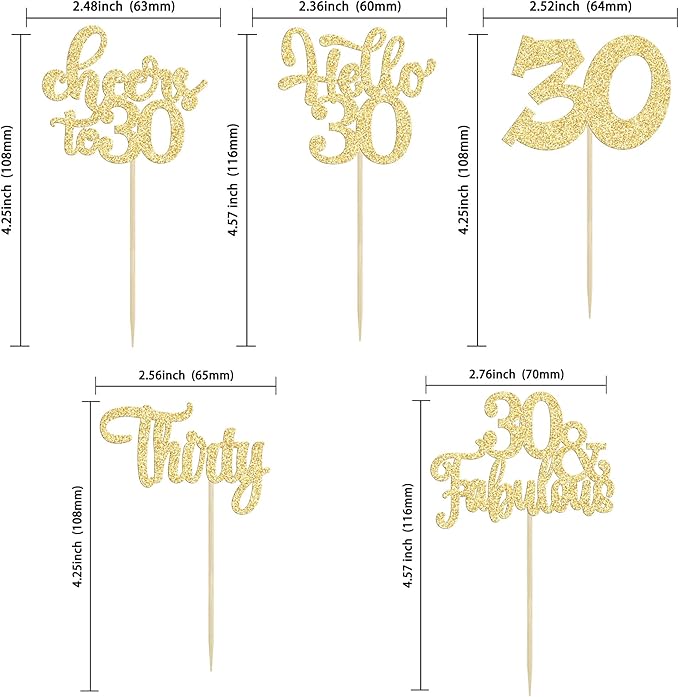 30Pcs Happy 30th Birthday Cupcake Toppers Gold Glitter Thirty Cheers to 30 Birthday Cupcake Picks for Happy 30th Birthday Anniversary Party Cake Decorations Supplies