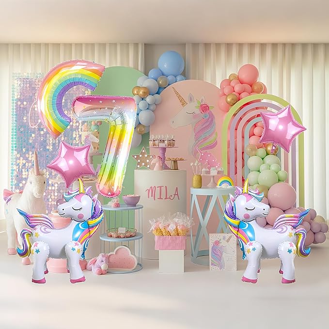 6PCS Self Standing Unicorn Balloons, Unicorn Balloon, Large Rainbow Balloon, Colorful Number 7 and Star Balloons for Girl 7th Birthday Party Decorations Supplies.(7th)