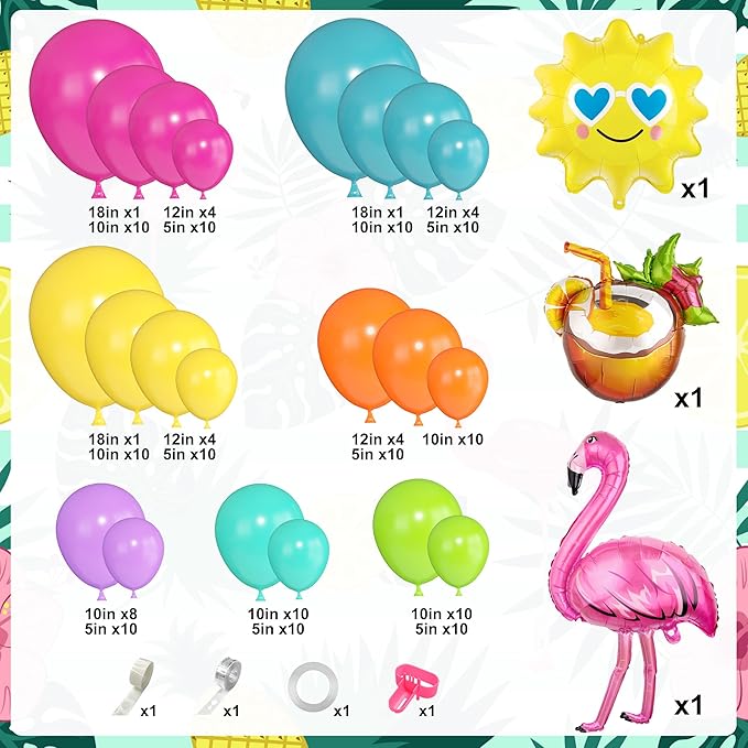 164Pcs Summer Tropical Balloon Arch Garland Kit, Rainbow Hot Pink Green Orange Blue Purple Sun Coconut Flamingo Foil Balloons for Hawaiian Luau Aloha Baby Shower Birthday Party Decorations Supplies