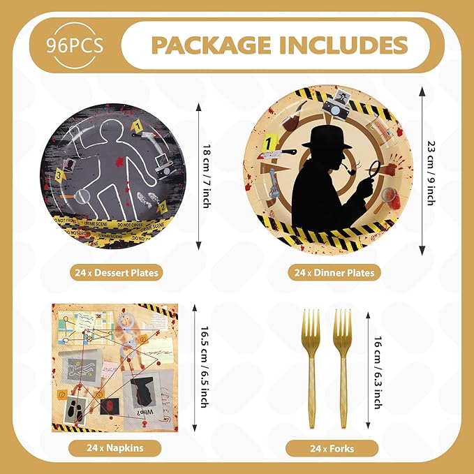 96Pcs Murder Mystery Themed Party Supplies Top Secret Plates and Napkins Secret Agent Spy Detective Tableware Sets for Halloween Crime Scene Escape Room Kids Birthday Party Decorations Favors Serves24