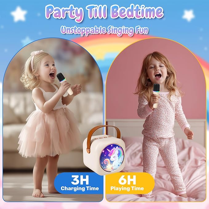 Mini Karaoke Machine with 2 Wireless Microphones, Portable Bluetooth Speaker for Kids & Adults, Ideal Birthday for Girls Boys Ages 3-12, Home Party Travel Entertainment Toy (White)