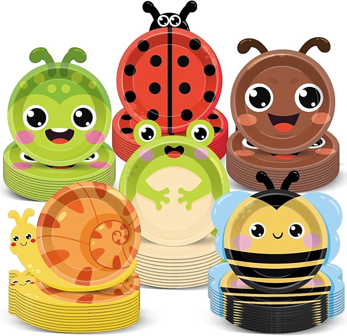 60 Pcs Bugs Party Plates Party Supplies Ladybug Bee Shaped Paper Plates Spring Garden Insect Animals Tableware for Kids Girls Boys Dinner Dessert Picnic Birthday Baby Shower Favor 7"