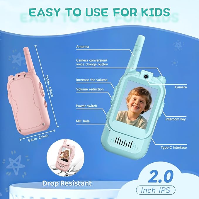 Kids Video Walkie Talkies 2 Pack, Rechargeable Long Range Two-Way Radios, Outdoor Indoor Toys for Boys Girls Ages 3-12, Perfect Birthday & Camping Gifts