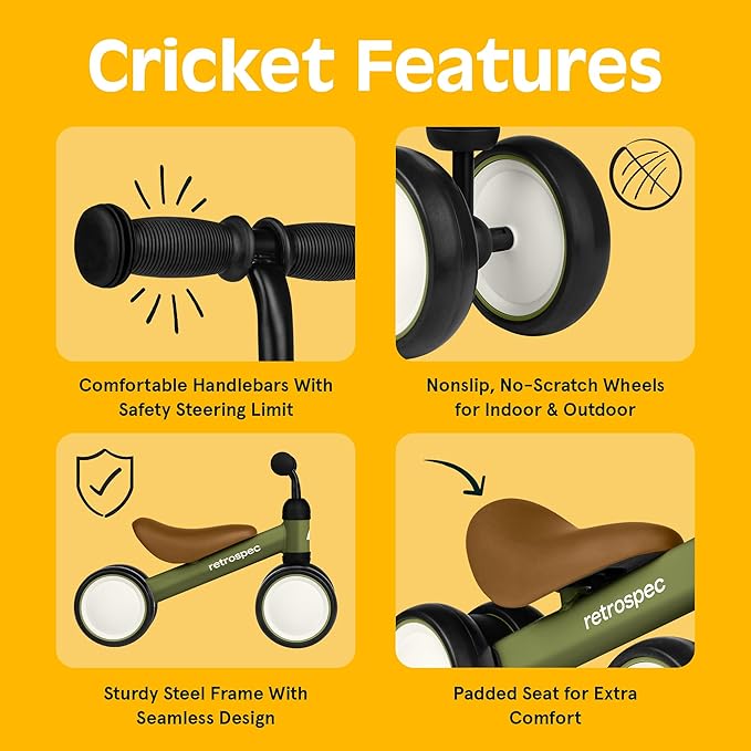 Retrospec Cricket Baby Balance Bike, 4-Wheel Ride-On Toy for Ages 12-24 Months – First Bike & Toddler Bike for 1 Year Old Boys & Girls, First Birthday Gift