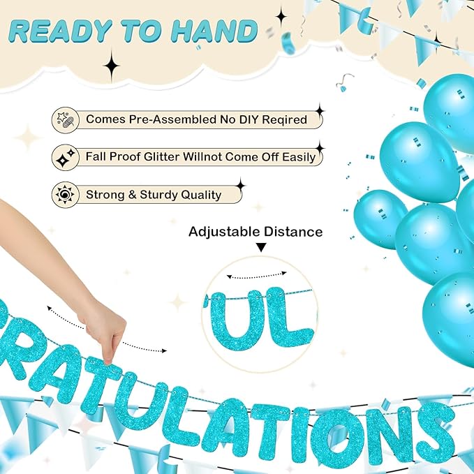 Fulmoon Pre Strung Congratulations Quitter Glitter Banner Funny Retirement Banner Graduation Party Decorations Going Away Supplies Garland for Men Women Gifts, No DIY(Sky Blue)
