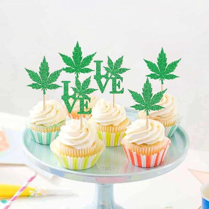 Ercadio 24 Pcs Green Glitter Marijuana Cupcake Topper Have a Dope Love Theme Decor Supplies Man Woman Happy Birthday Party Decorations Supplies