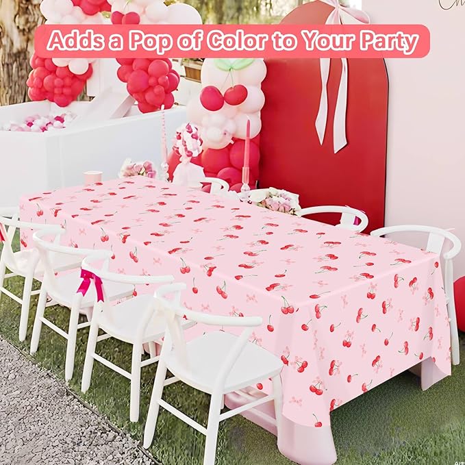 3pcs Cherry Birthday Decorations Tablecloths, Large Size Cherry and Bows Birthday Decorations Table Cloth for Cherries Themed Party, 54 x 108 Inch