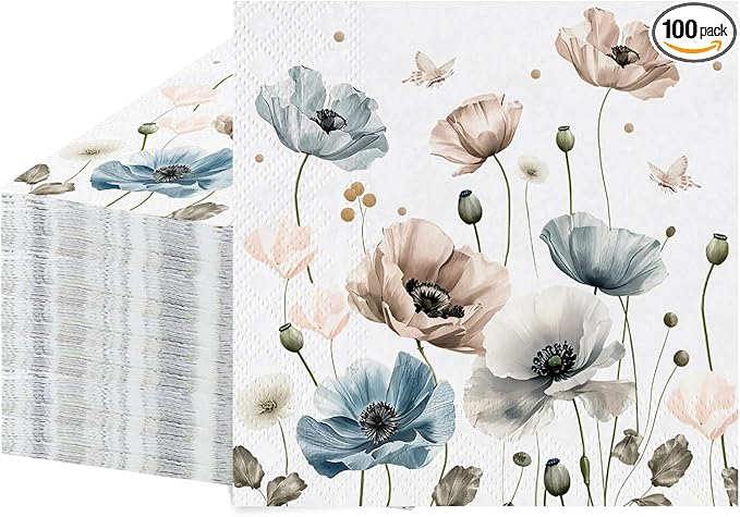 100 Pcs Floral Paper Napkins,Watercolor Boho Floral Napkins Disposable Cocktail Napkins Decorative Beverage Napkin for Wedding, Bridal Shower, Birthday