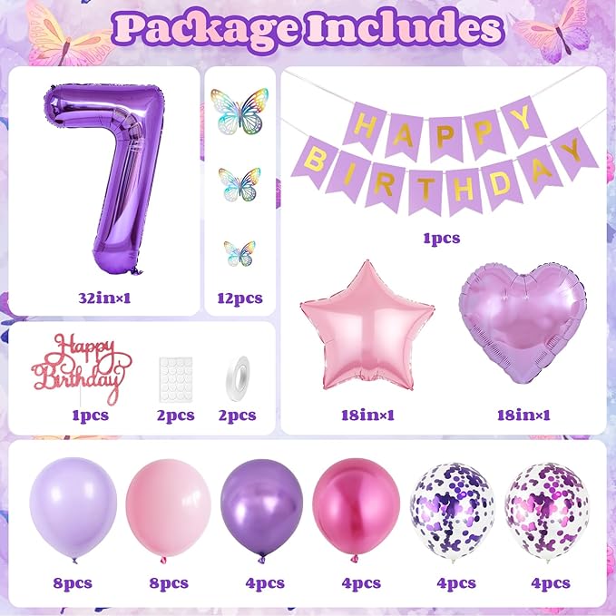 7th Pink Purple Birthday Decorations,Pink Purple 7th Birthday Balloons for Girls Lavender Party Decor Banner Number 7 Balloons Cake Topper Butterfly Party Decorations for 7 Year Old Girls