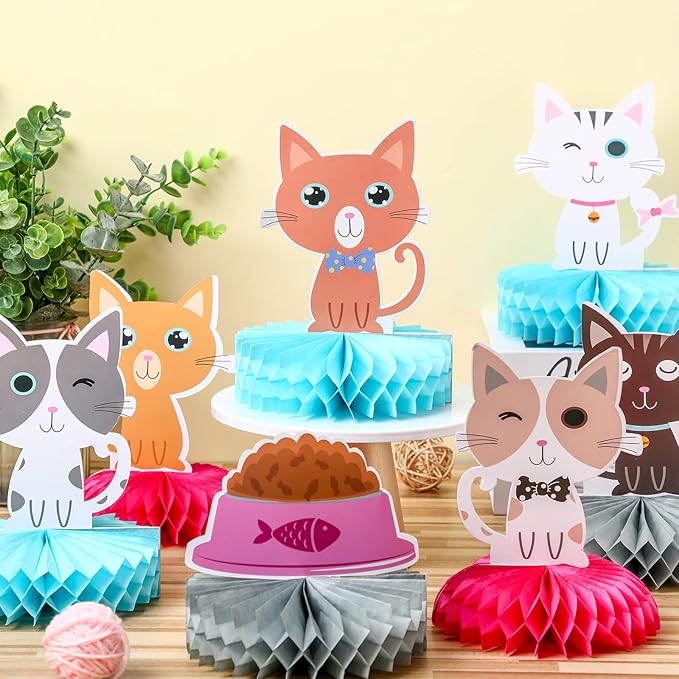 Chinco 9 Pcs Cat Party Centerpieces for Tables Birthday Decorations Honeycomb Cat Party Supplies Table Topper Decoration for Bridal Shower Wedding Birthday