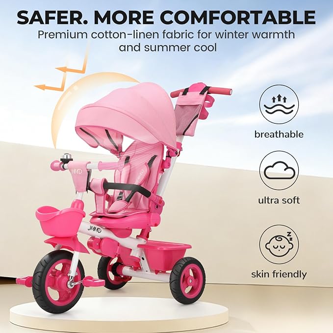 JMMD 7 in 1 Tricycle Stroller with Push Handle, Baby Trike with 360° Swivel Seat, Reclining Backrest, All-Terrain Wheels, Dual Brakes, Canopy & Storage, Gift for Kids 18 Months to 5 Years, Pink