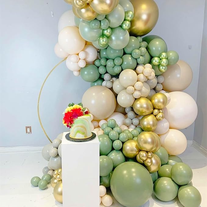 Sage Green Gold White Balloon Arch Garland Kit Metallic Lime Green Balloons Garland Olive Green Cream Ivory White Chrome Gold Latex Balloon Jungle Animal Birthday Tropical Dinosaur Party Decorations