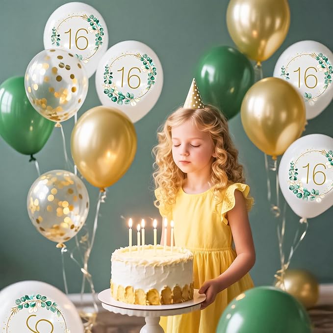Sage Green Balloons, 14pcs 12inch Sage Green White Metallic Gold Confetti Balloons with Number 18 Printed for Boys Girls Boho 18th Birthday Wedding Bridal Baby Shower Party Decorations