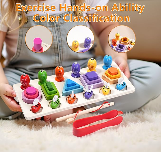 Wooden Montessori Toys for 3 Year Old，Shape Sorter Stacking Games, Fishing Games Preschool Learning Educational Toys for Boys Girls Toddlers (Little Bee)
