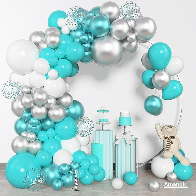 Amandir 153 Pcs Teal Balloons Arch Garland Kit, Different Sizes 18 12 10 5 Inch Teal Aqua Blue White Metallic Silver Green Confetti Turquoise Balloons Birthday Bridal Shower Wedding Party Decorations