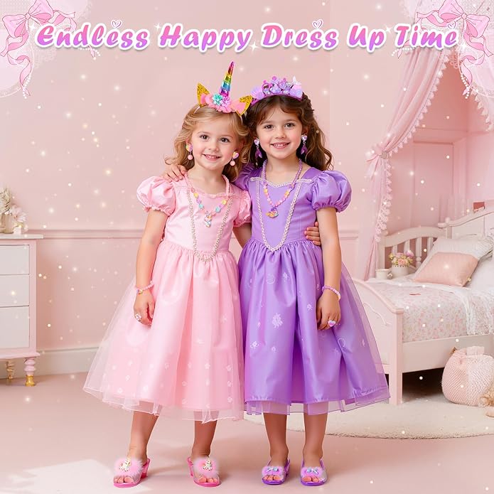 Princess Dress Up Shoes, Toddler Dress up Set, Pretend Play Princess Shoes Set with Crown Earrings Necklaces Ring Role Play Toys for Girls Aged 3-6 Years Old Multicolor