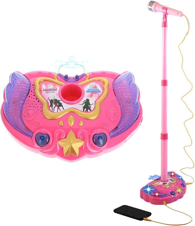 KidPlay Kids Karaoke Microphone Singing Music Machine with Adjustable Stand, Pop Star Musical Toy Pink
