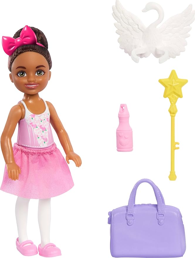 Barbie Toys, Chelsea Ballerina Set, Career Brunette Small Doll with 5 Dance-Themed Accessories Including Swan Wings