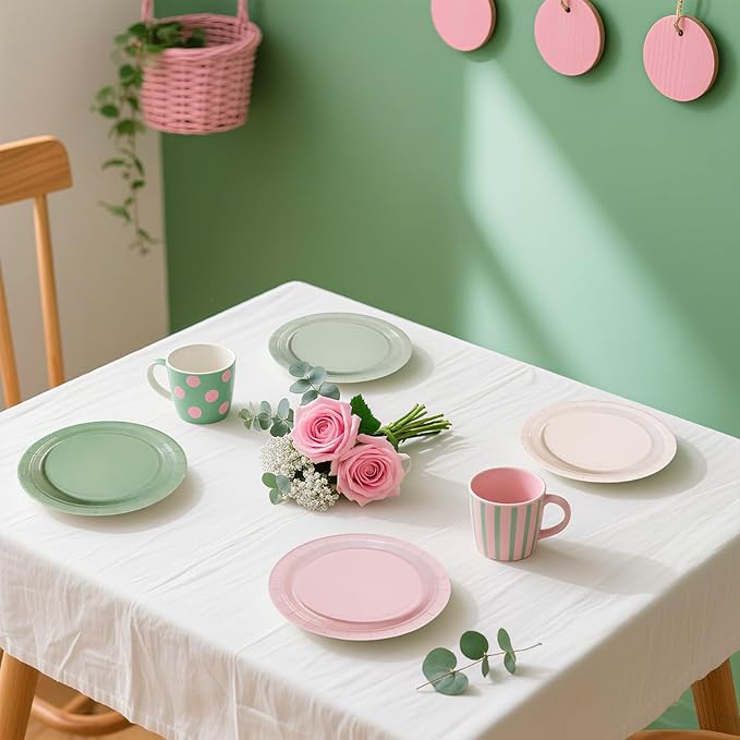 60Pcs Pink and Sage Green Birthday Paper Plates 7 Inch Disposable Heavy Duty Pink Sage Green Plates Boho Bridal Shower Party Decorations for Girls Baby Shower Wedding Bachelorette Party Supplies