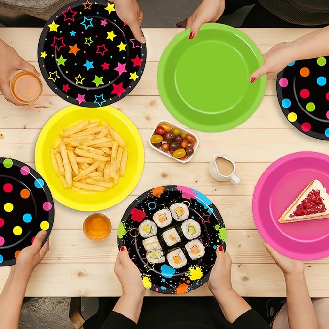 60Pcs Neon Birthday Party Plates Glow in the Dark Disposable Paper Dessert Plates for Neon Glow Birthday Decorations Party Tableware Set for Kids Back to 80S 90S Blacklight Baby Shower Supplies