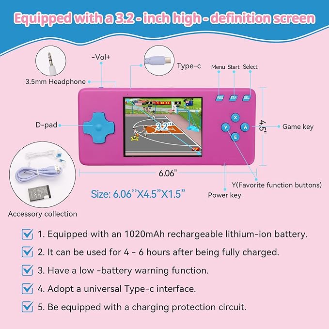 Handheld Game Console,Portable Video Game Console with Retro Games,3.2" Screen,Rechargeable Battery,Built-in Headphones and Built-in Bow Ultimate Kid Christmas Birthday Gift for Kids (Purple + Blue)