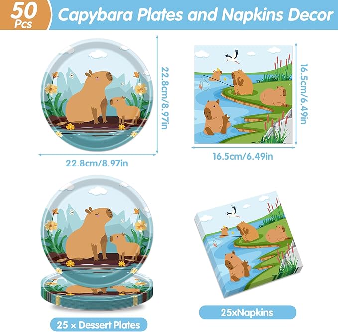Rakuto Capybara Birthday Party Decorations - 50PCS Disposable Capybara Plates and Napkins Decor, Cute Animals Themed Dinnerware Set Party Favors Tableware Supplies Serve 25