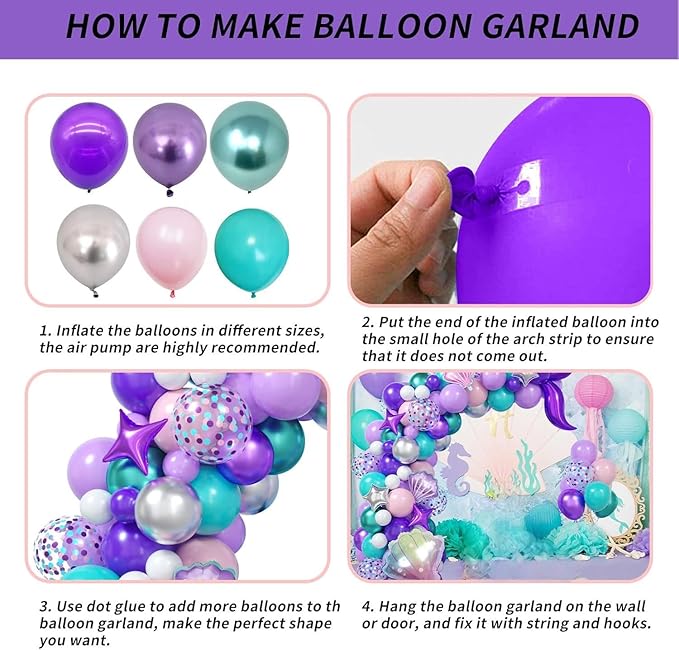 Mermaid Balloon Arch Kit with Tail Mermaid Theme Balloon Garland Pastel Pink Purple Blue Green Metallic Silver Latex Balloons Confetti Shell Foil Balloon Under the Sea Party Decorations Girls Birthday