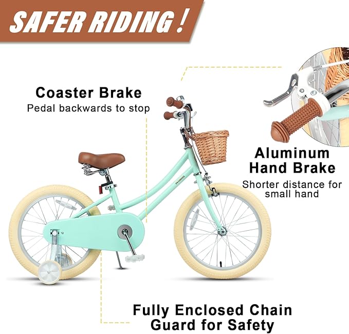 Petimini Vintage Kids Bike for Girls, 12–20 Inch Classic Bicycle with Wicker Basket & Bell, High Tensile Steel Frame, Training Wheels (12–18”), 85% Pre-Assembled, Retro Bike for Outdoor Riding