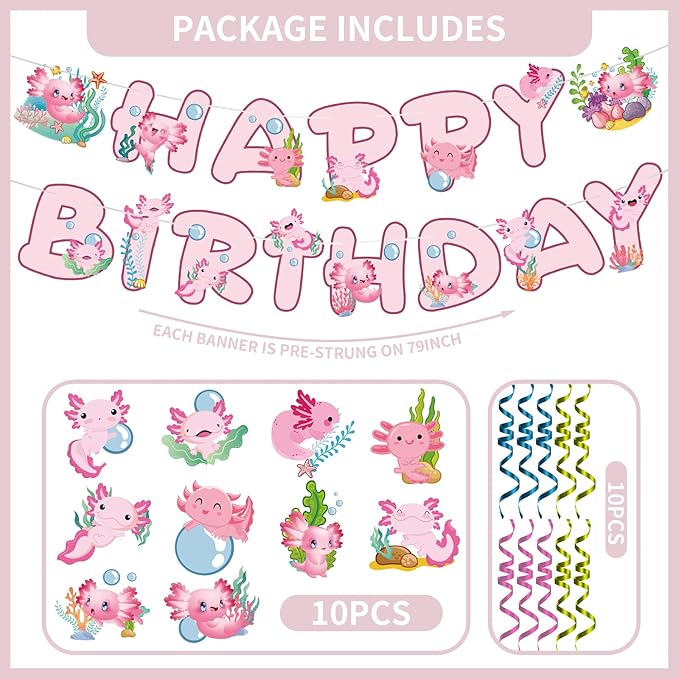 Axolotl Happy Birthday Banner - 12PC Pink Birthday Decor Backdrop Sign Party Supplies Set Cute Animals Photo Background Supplies Hanging Swirls Decorations Girls Boys Women Men Children Kids