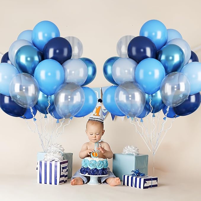 Blue Balloons for Ocean Shark Birthday Party Decorations Under the Sea Balloon Whale 60PCS 12INCH Metallic Pearl Navy Blue Pastel Blue Balloons for Arch Blue Transparent Latex Helium