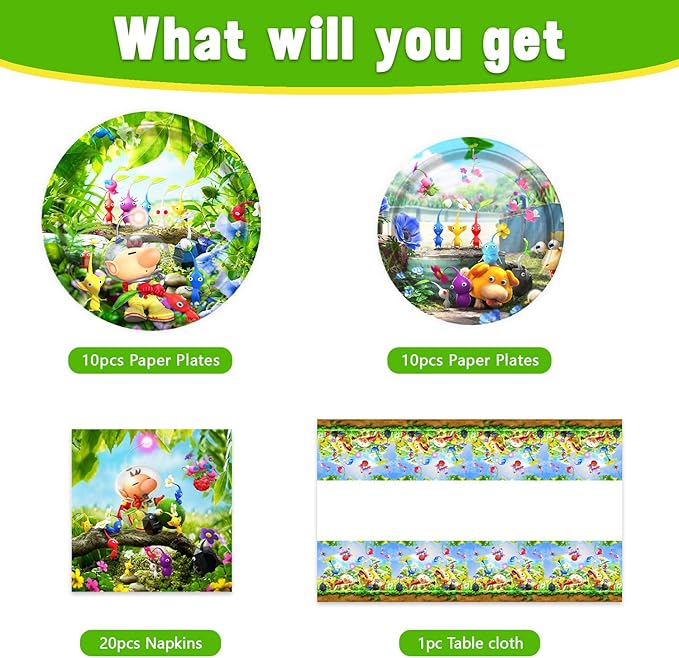 Pikmin Party Supplies 41Pack include 20 plates, 20 napkins 1 tablecloth for birthday party Decoration (Pikmin)