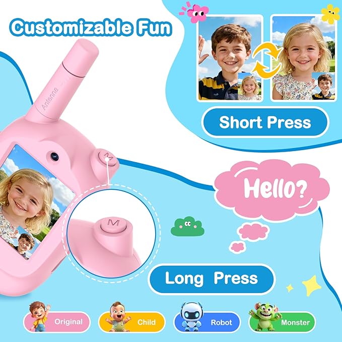 Video Walkie Talkies for Kids, 2 Pack Rechargeable Real-Time Video Chat & Voice Changer Walkies Talkies with Watch Straps, Long Range Family Games, Outside, Gifts for Boys Girls Ages 3-12 Pink