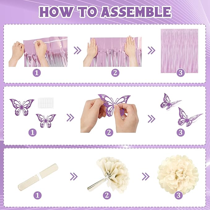 Dusty Purple Birthday Decorations for Women Girls, Lavender Pink Sand Rose Gold Metallic Printed Balloons Butterfly Stickers Fringe Curtain Happy Birthday Banner Circle Dot Paper Pompom Party Supplies