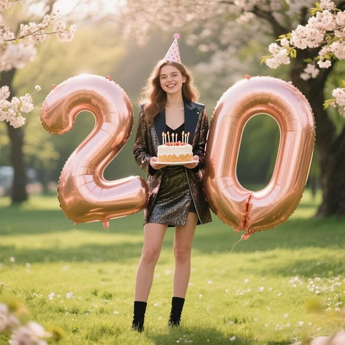 40 Inch Rose Gold Balloon Number 20 Balloon,Jumbo Mylar Foil Helium Balloon for 20 Digital Balloons for Birthday Party,Wedding Anniversary Party Decorations