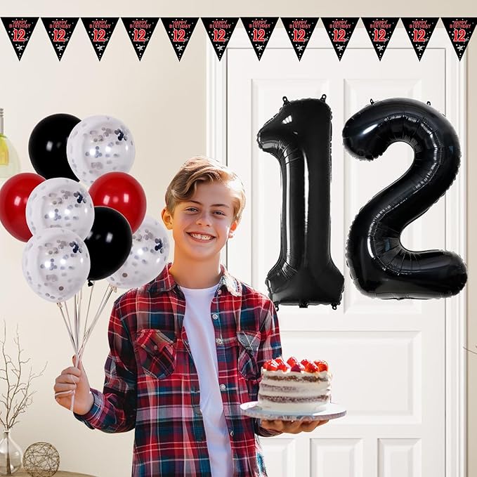 12th Birthday Decorations Boy, Red Black Happy 12th Birthday Decorations for Boys Girls, 12 Year Old Birthday Door Banner, Triangle Flag, Large Number 12 Balloons Decor Boy Twelve Bday Party Supplies