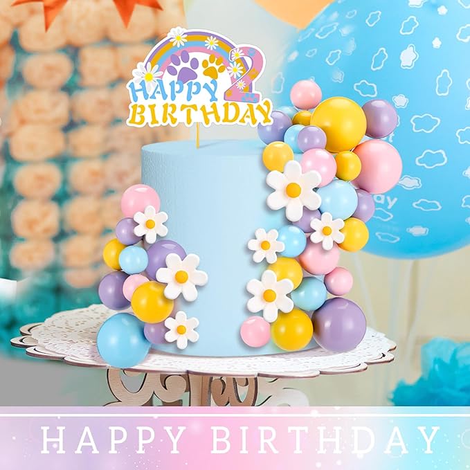 63 Pcs Blue Dog Cake Toppers with Balls Cake Picks and Daisy Flowers for Birthday Decoration Groovy Pastel Cupcake Inserts Hippie Wedding Party Supplies(Happy Birthday 2th)