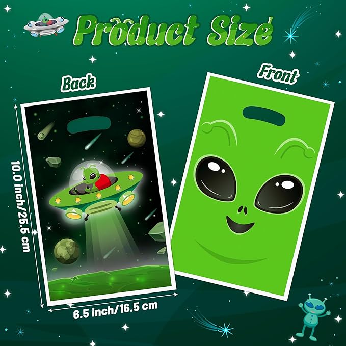 Green Alien Party Favor Bags 50Pcs Fun Alien Goody Candy Treat Gifts Bags, Space Themed Party Decorations for Kids Boys Girls Birthday Space Theme Events Supplies