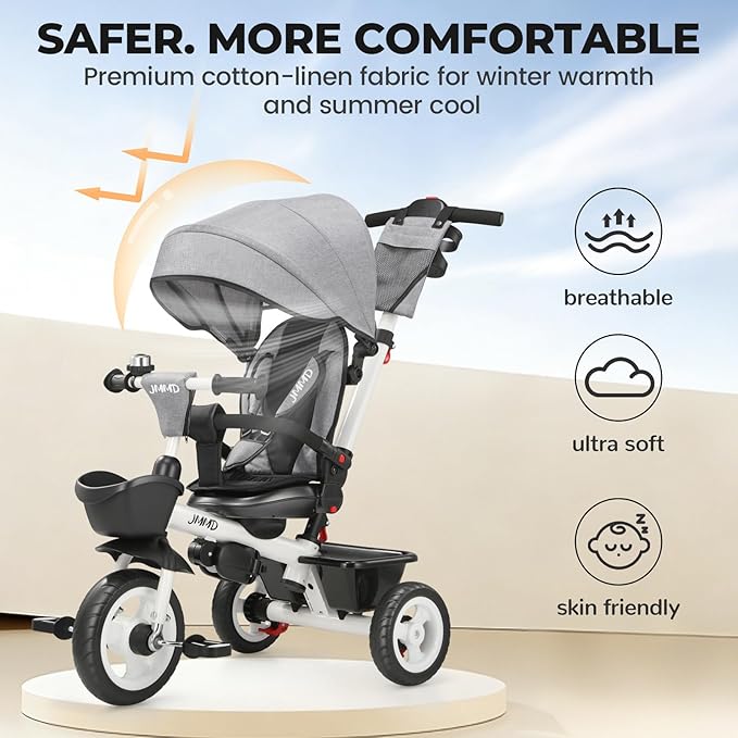 JMMD 7 in 1 Tricycle Stroller with Push Handle, Baby Trike with 360° Swivel Seat, Reclining Backrest, All-Terrain Wheels, Dual Brakes, Canopy & Storage, Gift for Kids 18 Months to 5 Years, Gray