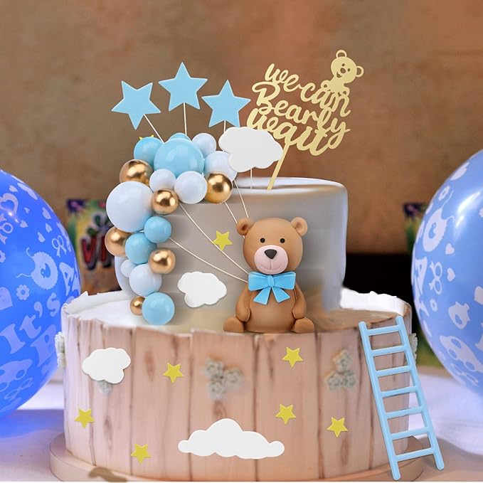 Yinder 37 Pcs Bear Cake Decoration Toppers for Baby Shower Decorations with Balls We Can Bearly Wait Happy Birthday Mini Bear Figurine Cake Party Birthday Supplies (Cute)