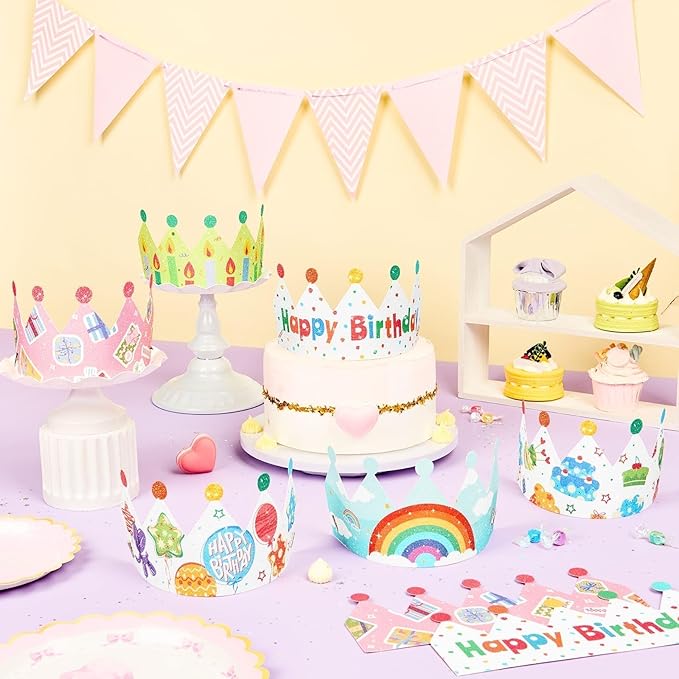 WERNNSAI Birthday Crowns -12PCS Birthday Party Hats with Elastic Band For Family Classroom Party Supplies Colorful Colorful Paper Party Hats