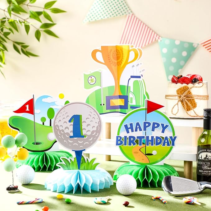 12 Pcs Golf Birthday Party Decoration 1st Hole in One Honeycomb Table Centerpieces Green White Golf Table Decoration Topper Birthday Party Favors Supplies