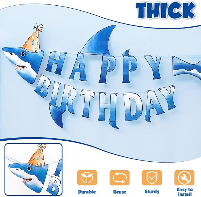WERNNSAI Shark Happy Birthday Banner - Pre-strung Shark Birthday Banner for Kids Boys, Ocean Theme Party Supplies, Beach Under The Sea Theme Party Hanging Wall Decor